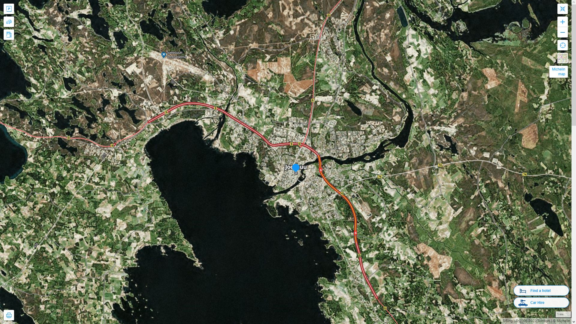Joensuu Finlande Autoroute et carte routiere avec vue satellite